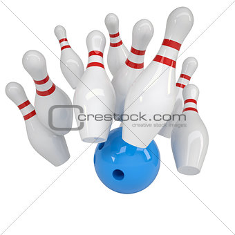 Blue ball knocks down pins for bowling