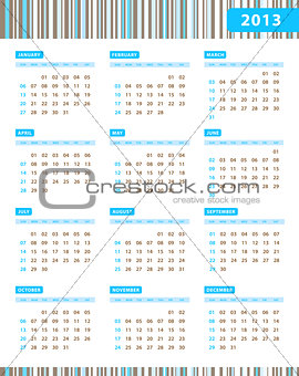 Annual calendar for 2013 year with blue stripes