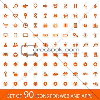Set of 90 orange icons with white background