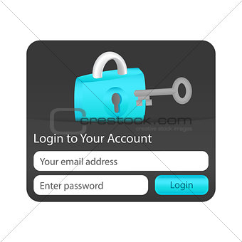 Dark login to your account website element with blue lock and grey key