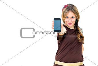 young woman displaying mobile phone
