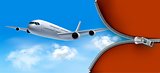 Travel background with airplane and white clouds
