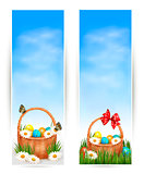 Easter banners with Easter eggs in basket and flowers. Vector