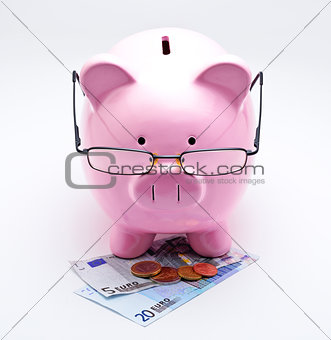 Piggy bank with glasses on Euros