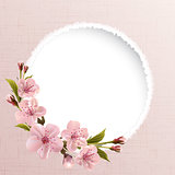 Spring header with pink cherry flowers, buds and copy space.