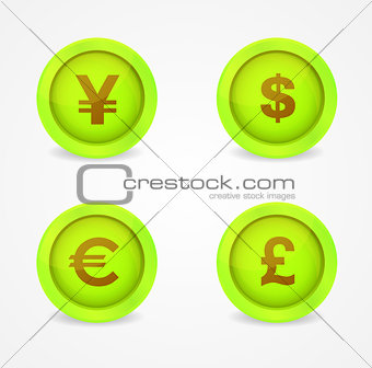 Currency signs on glossy icons. Vector icons