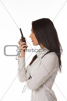 Business woman on the walkie-talkie