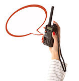 walkie-talkie in womans hand with empty text box
