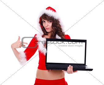 Sexy miss Santa showing onto laptop