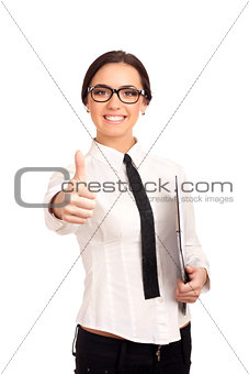 Smiling business woman holding clipboard