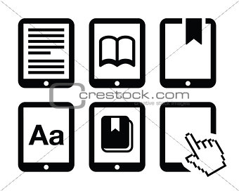 E-book reader, e-reader vector icons set
