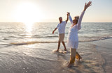 Happy Senior Couple Holding Hands Sunset Sunrise Beach