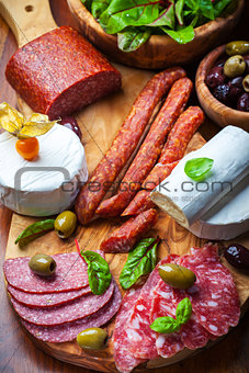 Antipasto catering platter with different meat and cheese products