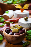 Fresh olives with antipasto catering platter