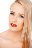 Close up portrait of natural blond woman with red lipstick