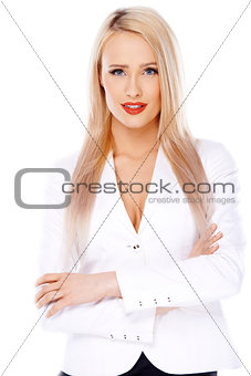 Casual and sexy blond woman on white