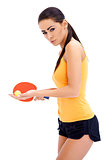 Female table tennis player ready to serve