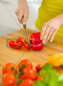 Closeup on housewife cutting red bell pepper on cutting board