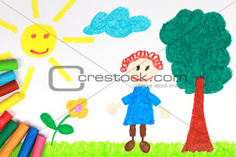 Kiddie style crayon drawing of a green meadow