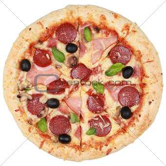 Pizza with ham, pepperoni and mushrooms