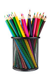 Various color pencils in black office cup