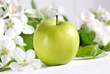 Delicious green apple with blossoms