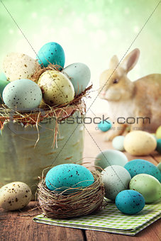 Easter scene with speckled eggs in bowl