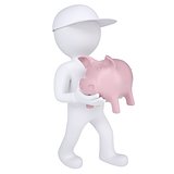 3d white man holding a piggy bank