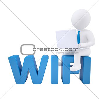 3d man with laptop sitting on the WIFI