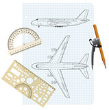 exercise book with a drawing for a model airplane. Vector illust