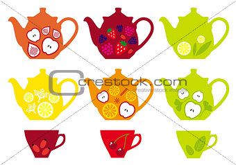 tea pots and cups with fruits, vector