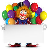 redhead clown with a banner and balloons