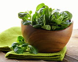 Fresh green salad valerian in a wooden bowl