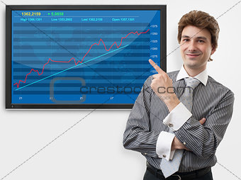 business man pointing finger on diagram of stock market 
