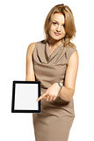Young woman showing something on tablet