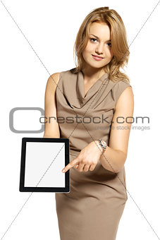 Young woman showing something on tablet