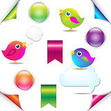Colorful Birds Set With Ribbon And Speech Bubble