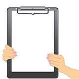 Hands holding a blank clipboard isolated on white background