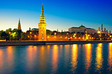 View of the Moscow Kremlin and Moscow river at night.