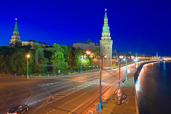 Moscow Kremlin and Kremlin Embankment at night.