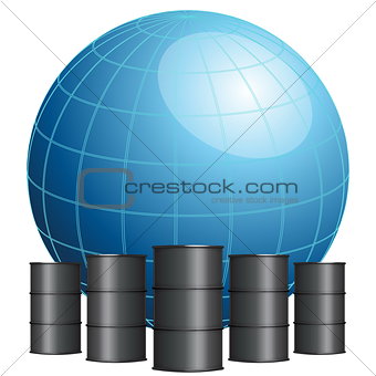 Globe surrounded by oil barrels