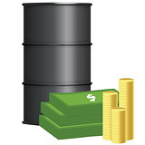 Oil barrel with stack of money and coins