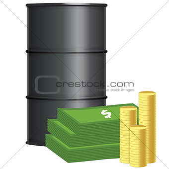 Oil barrel with stack of money and coins