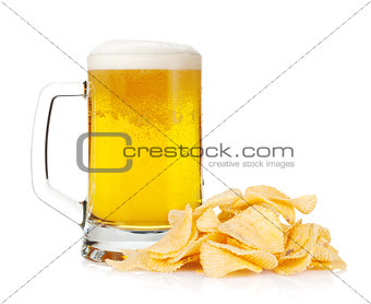 Beer mug and pile of potato chips