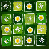 white flowers in squares over green old paper background