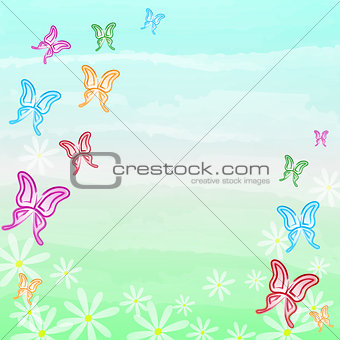 motley butterflies and white flowers spring background