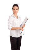 Smiling business woman holding clipboard