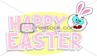 Happy Easter text with Easter bunny head smiling