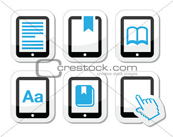 E-book reader, e-reader vector icons set
