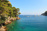 Small bay among cliffs covered with trees in Portofino, Italy.
